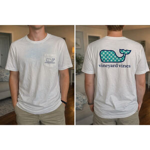 Men’s Vineyard Vines White Gingham Whale Pocket Tee Shirt Size L Pima Cotton